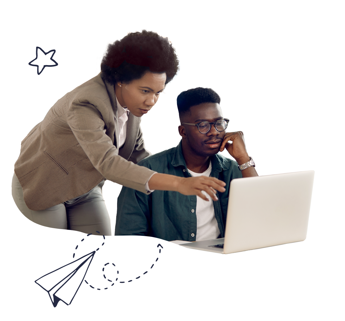 Person helping student on laptop