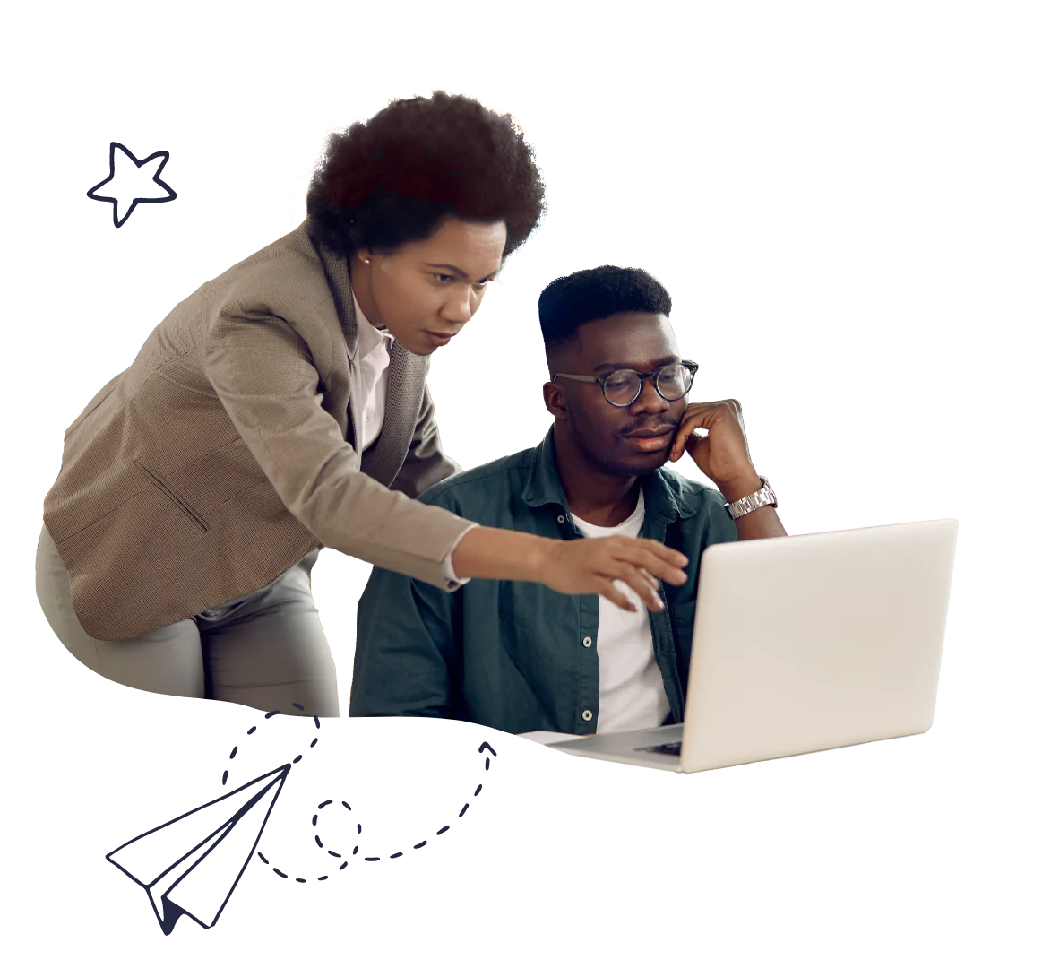 Person helping student on laptop
